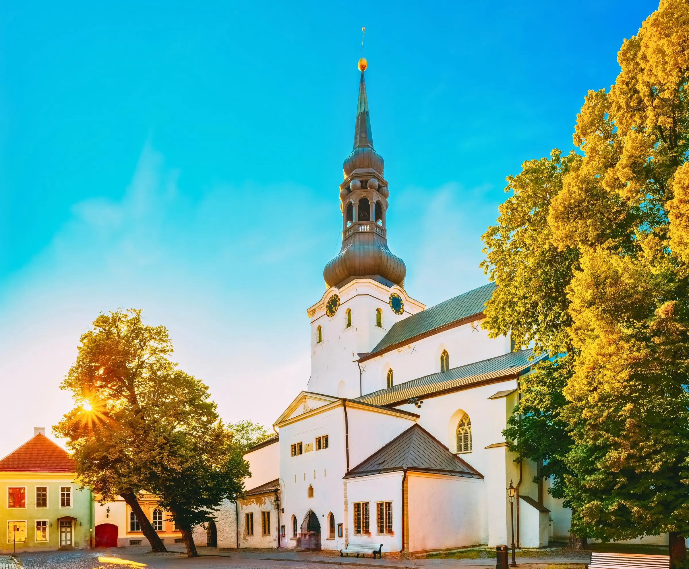 The white exterior and black Baroque spire of St. Mary's Cathedral on Toompea Hill