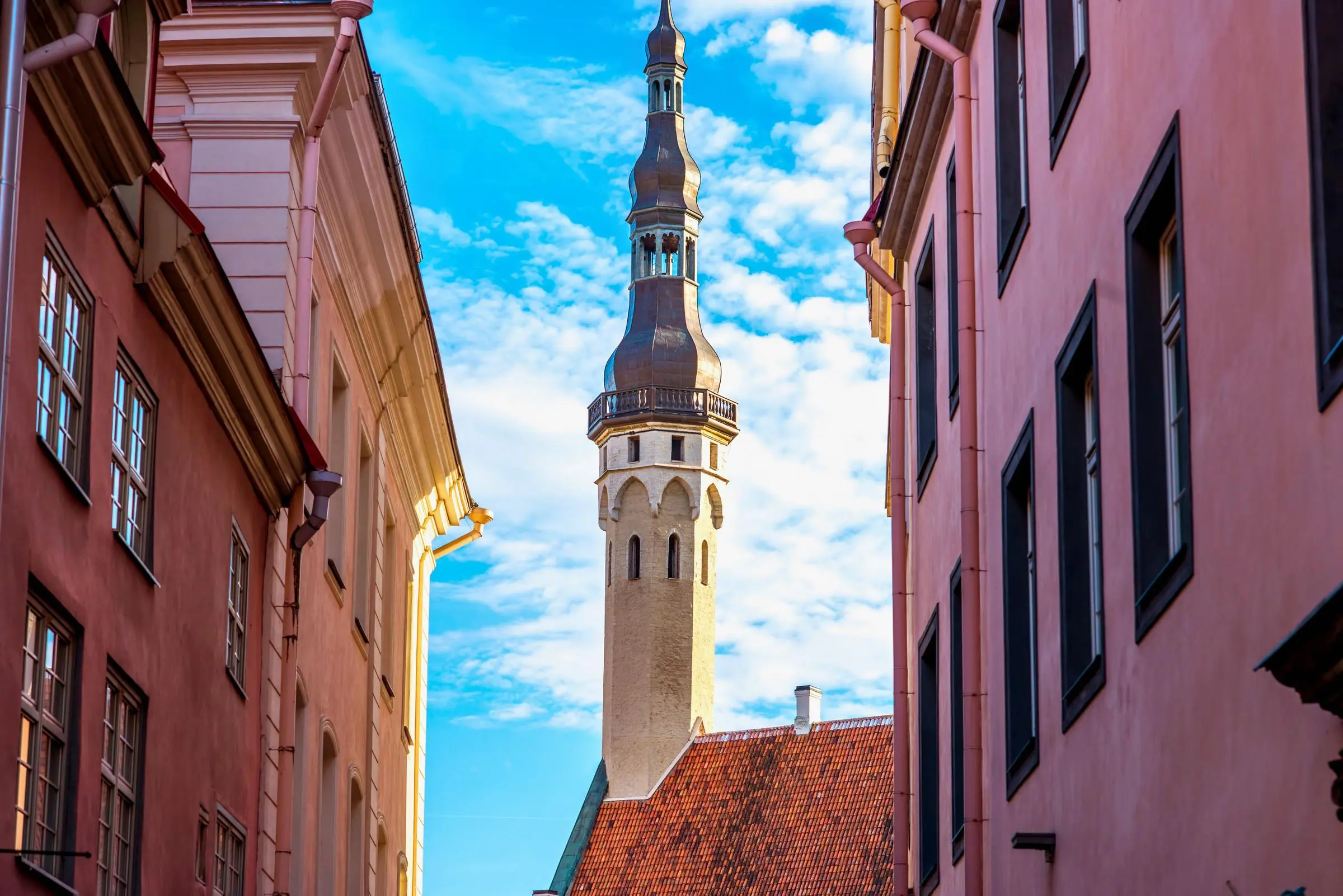 The Gothic spire of the Tallinn Town Hall Tower rising above the red roofs of the Old Town
